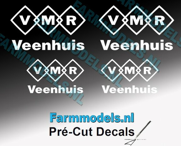 4x VMR Veenhuis WIT logo-set geschikt voor o.a. mestcontainer - wit op Transparant Pr&eacute;-Cut Decals 1:32 Farmmodels.nl