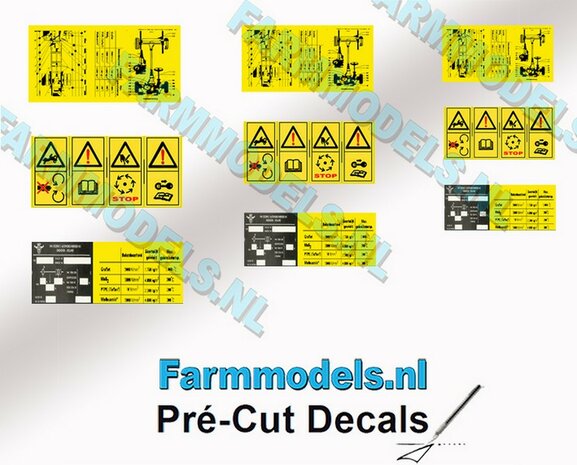 9x Gevaren- &amp; Chassis waarschuwingstickers Pr&eacute;-Cut Decals 1:32 Farmmodels.nl