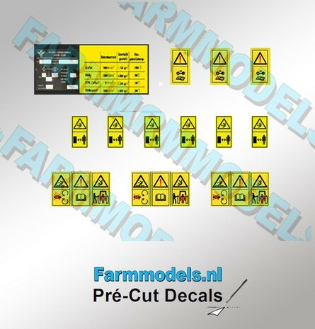 13x Gevaren- &amp; Chassis waarschuwingstickers Pr&eacute;-Cut Decals 1:32 Farmmodels.nl