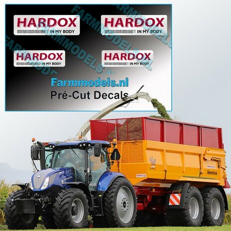 4x HARDOX IN MY BODY met tekst (Hard Slijtvast Staal) stickers Pr&eacute;-Cut Decals 1:32 Farmmodels.nl