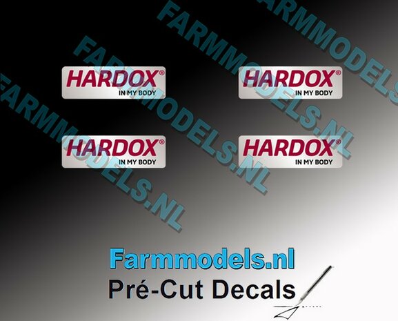 4x HARDOX IN MY BODY (Hard Slijtvast Staal) 14 mm breed stickers Pr&eacute;-Cut Decals 1:32 Farmmodels.nl