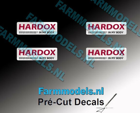 4x HARDOX IN MY BODY met tekst (Hard Slijtvast Staal) 14mm breed stickers Pr&eacute;-Cut Decals 1:32 Farmmodels.nl