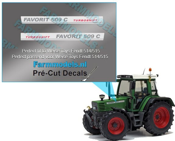 2x FENDT FAVORIT 509C TURBOSHIFT type stickers Pr&eacute;-Cut Decals 1:32 Farmmodels.nl 