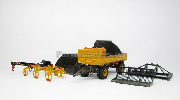 Rebuilt 4-wieler Bakkenwagen DUBBELLUCHT VOLVO GEEL/ GRIJS geschikt voor div. mobiele kranen &amp; shovels 1:32