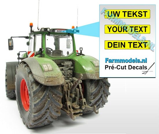 UW TEKST 3x GELE Kentekenplaatsticker ZWARTE LETTERS Pr&eacute;-Cut Decals 1:32 Farmmodels.nl