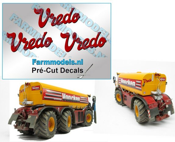 3x Vredo stickers ROOD/ zwarte schaduw op Transparant 11 mm hoog Pr&eacute;-Cut Decals 1:32 Farmmodels.nl 