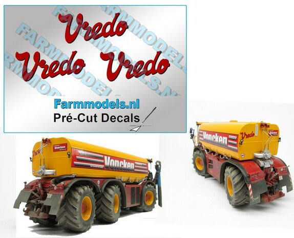 3x Vredo stickers ROOD/ zwarte schaduw op Transparant 8.8 mm hoog Pr&eacute;-Cut Decals 1:32 Farmmodels.nl 