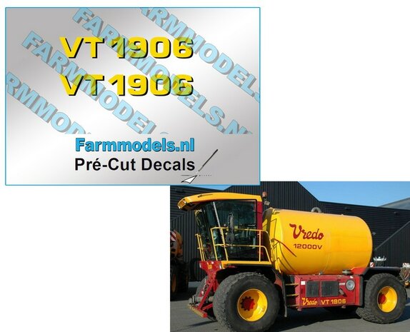 2x  VT 1906 (Vredo) stickers GEEL/ zwarte schaduw op Transparant 3.2 mm hoog Pr&eacute;-Cut Decals 1:32 Farmmodels.nl 