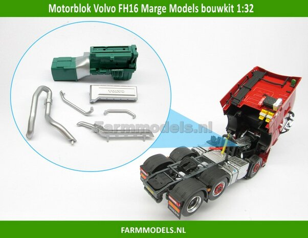 Gedetaileerd Motorblok + Versnellingsbak, spuitstuk en uitlaat Volvo truck, 1:32 