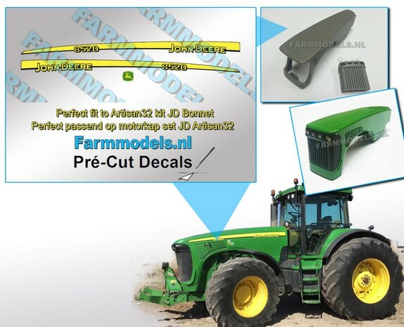 John Deere 8520 type stickers + JD Hertje logo sticker/ Pr&eacute;-Cut Decals 1:32 Farmmodels.nl 