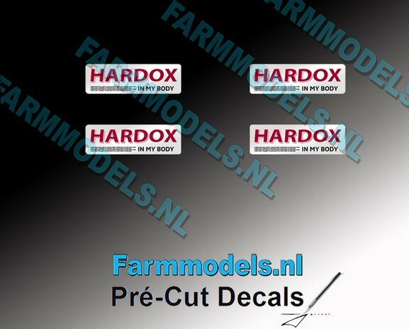 4x HARDOX IN MY BODY met tekst (Hard Slijtvast Staal) 9.25 mm breed stickers Pr&eacute;-Cut Decals 1:32 Farmmodels.nl