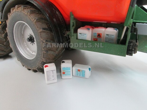 5x 20 liter ZUUR-/ BESTRIJDINGSMIDDELEN VATEN + 6x LOSSE DOPPEN + 12x PR&Eacute;-CUT DECALS Stickerset  RESIN, BLANK GELEVERD 1:32
