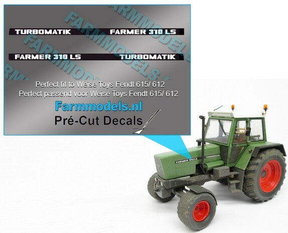 FARMER 310 LS TURBOMATIC type stickers (voor Fendt 612/ 615 Weise)  Pr&eacute;-Cut Decals 1:32 Farmmodels.nl 