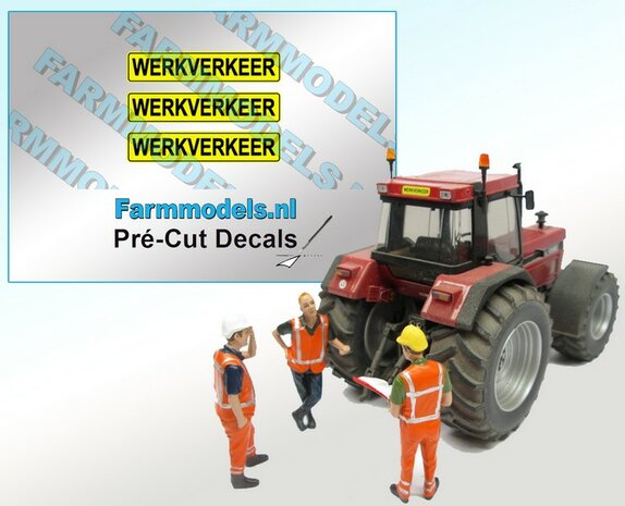 3x WERKVERKEER stickers 3 mm hoog Pr&eacute;-Cut Decals 1:32 Farmmodels.nl