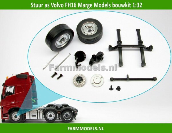 Stuuras + Super Single banden &Oslash; 33.2 mm + eindkappen &amp; as-ophanging etc. Volvo FH16 MarGe Models BOUWKIT 1:32
