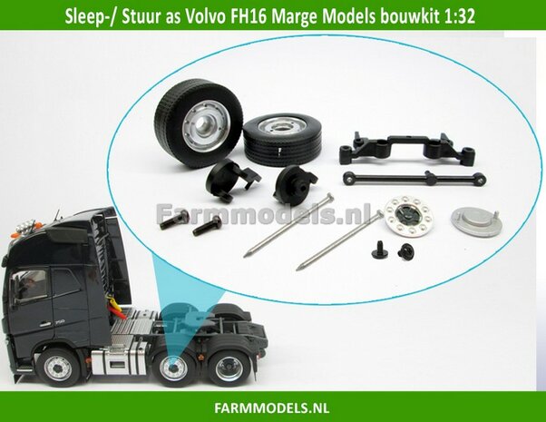 Voorloop Stuuras + Super Single banden &Oslash; 33.2 mm + eindkappen &amp; as-ophanging etc. Volvo FH16 MarGe Models BOUWKIT 1:32