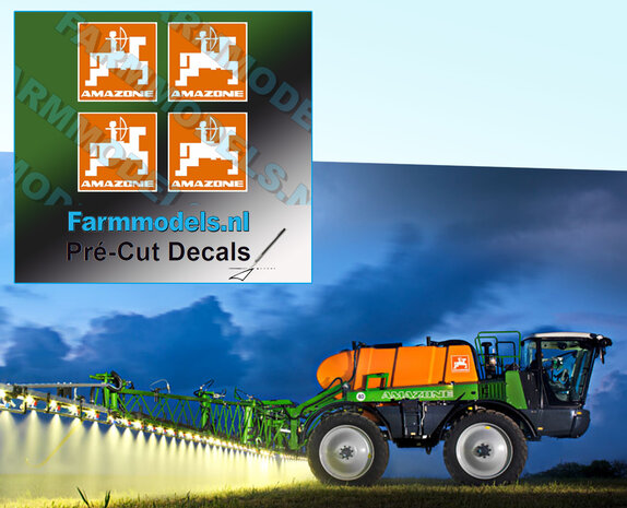 AMAZONE ORANJE-WIT logo 4x decal 12 mm hoog Pr&eacute;-Cut Decals 1:32 Farmmodels.nl 