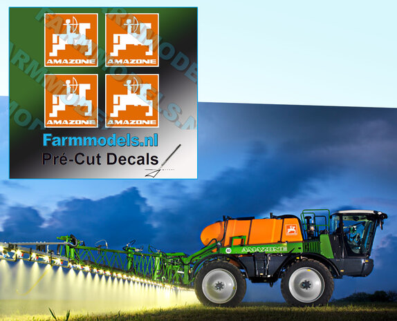 AMAZONE ORANJE-WIT logo 4x decal 14 mm hoog Pr&eacute;-Cut Decals 1:32 Farmmodels.nl 