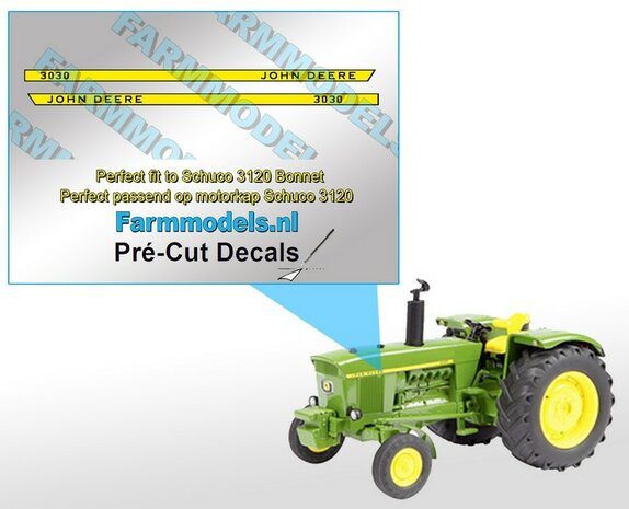 John Deere 3030 type stickers (type aan bestuurderskant) Pr&eacute;-Cut Decals 1:32 Farmmodels.nl 