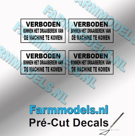 4x &quot;VERBODEN BINNEN HET DRAAI...&quot; Zwarte tekst, transparante stickers afm. 6 x 12 mm Pr&eacute;-Cut Decals 1:32 Farmmodels.nl