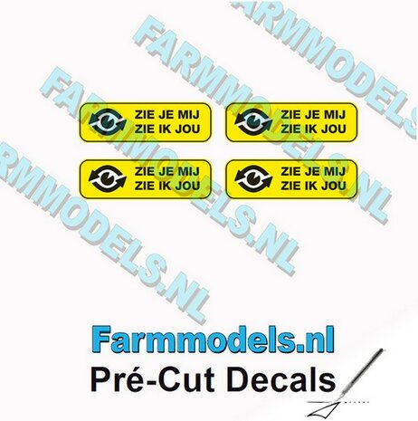 4x &quot;ZIE JE MIJ - ZIE IK JOU&quot; Zwarte tekst, gele stickers afm. 3.1 x 10 mm Pr&eacute;-Cut Decals 1:32 Farmmodels.nl