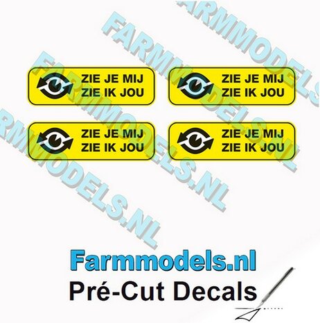 4x &quot;ZIE JE MIJ - ZIE IK JOU&quot; Zwarte tekst, gele stickers afm. 3.7 x 12 mm Pr&eacute;-Cut Decals 1:32 Farmmodels.nl