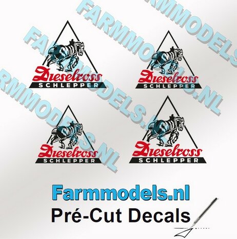 4x Dieselross logo sticker ZWART/ ROOD op Transparant 8x10mm &amp; 12x15mm Pr&eacute;-Cut Decals 1:32 Farmmodels.nl 