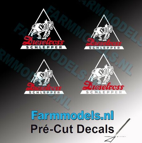 4x Dieselross logo sticker WIT/ ROOD op Transparant 8x10mm &amp; 12x15mm Pr&eacute;-Cut Decals 1:32 Farmmodels.nl 