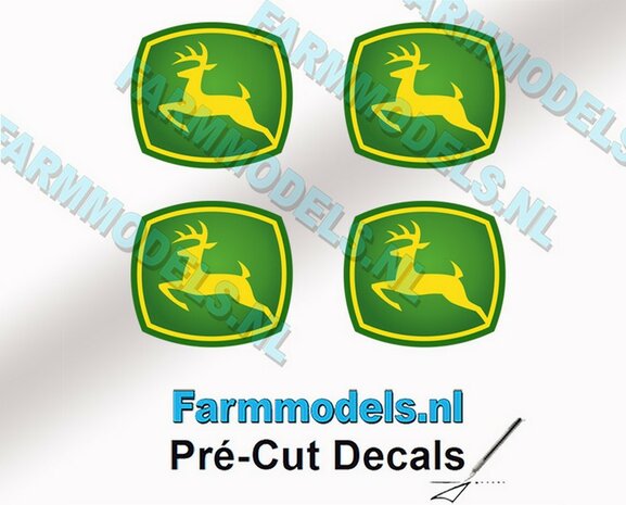 John Deere LOGO (New) 4x 6mm hoog stickers met omhoog springend &quot;Hertje&quot; Pr&eacute;-Cut Decals 1:32 Farmmodels.nl 