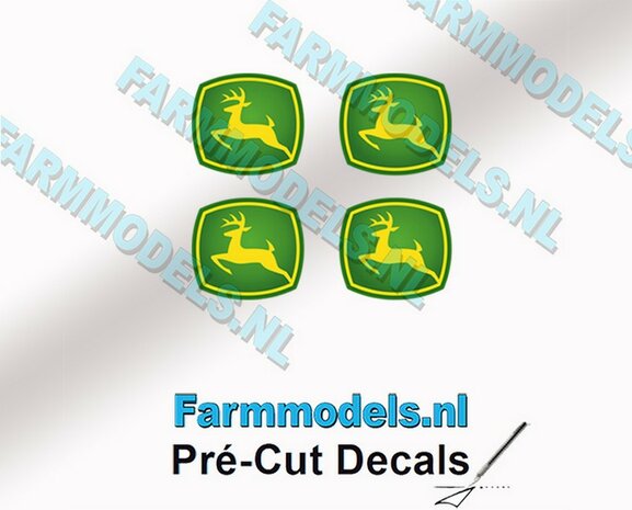 John Deere LOGO (New) 4x 5mm hoog stickers met omhoog springend &quot;Hertje&quot; Decals 1:32 Farmmodels.nl 