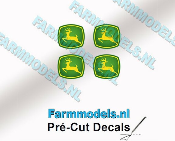 John Deere LOGO (New) 4x 4mm hoog stickers met omhoog springend &quot;Hertje&quot; Pr&eacute;-Cut Decals 1:32 Farmmodels.nl 