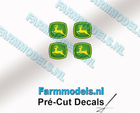 John Deere LOGO (New) 4x 3mm hoog stickers met omhoog springend &quot;Hertje&quot; Pr&eacute;-Cut Decals 1:32 Farmmodels.nl 