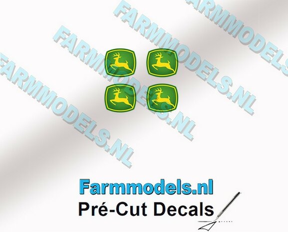 John Deere LOGO (New) 4x 2.6mm hoog stickers met omhoog springend &quot;Hertje&quot; Pr&eacute;-Cut Decals 1:32 Farmmodels.nl 