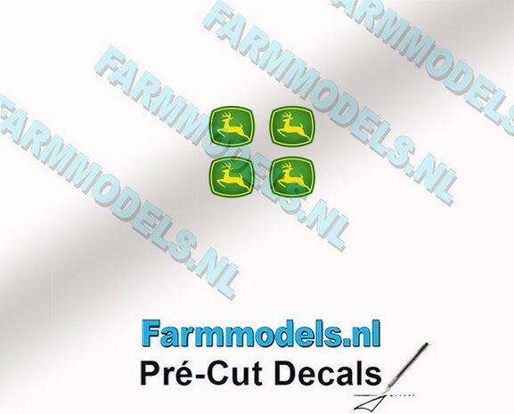John Deere LOGO (New) 4x 2.1mm hoog stickers met omhoog springend &quot;Hertje&quot; Pr&eacute;-Cut Decals 1:32 Farmmodels.nl 