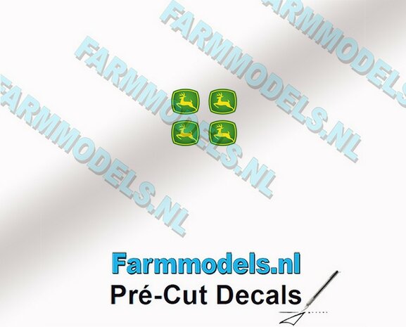John Deere LOGO (New) 4x 1.8mm hoog stickers met omhoog springend &quot;Hertje&quot; Pr&eacute;-Cut Decals 1:32 Farmmodels.nl 