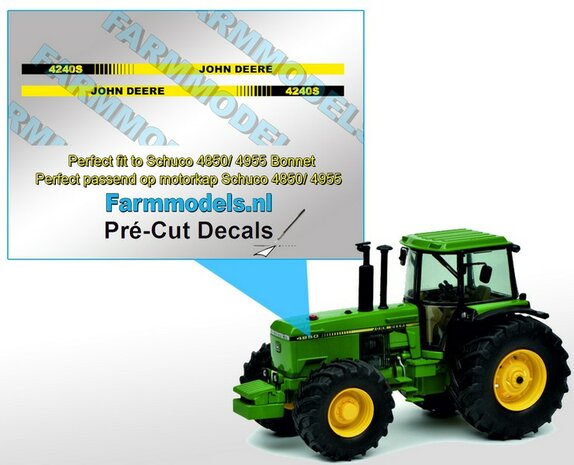 John Deere 4240 S type stickers/ Pr&eacute;-Cut Decals voor Schuco JD 4850/ 4955 motorkap 1:32 Farmmodels.nl 