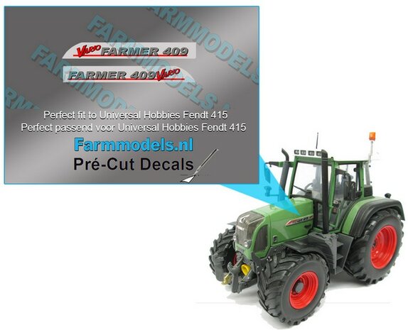 FENDT FARMER 409 Vario (oude logo) type stickers/ Pr&eacute;-Cut Decals voor motorkap Fendt 415 UH 1:32 Farmmodels.nl 