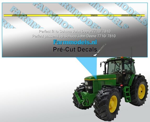 John Deere 7200 type stickers, geschikt voor de John Deere 7710/ 7810 Schuco/ Pr&eacute;-Cut Decals 1:32 Farmmodels.nl 